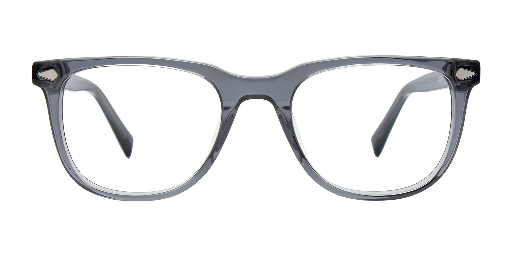 The Easy3Clip EC702 eyeglasses pair clear gray rectangular frames with a pristine white backdrop, fusing style and function. The clip-on sunglasses option allows them to transform into polarized lenses for versatile use. The Easy3Clip EC702 eyeglasses pair clear gray rectangular frames with a pristine white backdrop, fusing style and function. The clip-on sunglasses option allows them to transform into polarized lenses for versatile use.