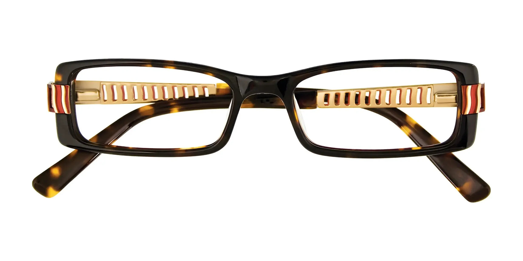 EasyClip EC185 Eyeglasses by EasyClip feature a rectangular tortoiseshell front with gold and red hinge accents. Prescription-ready, they include a polarized clip-on sunglass for versatile daily wear. Size 48. EasyClip EC185 Eyeglasses by EasyClip feature a rectangular tortoiseshell front with gold and red hinge accents. Prescription-ready, they include a polarized clip-on sunglass for versatile daily wear. Size 48.