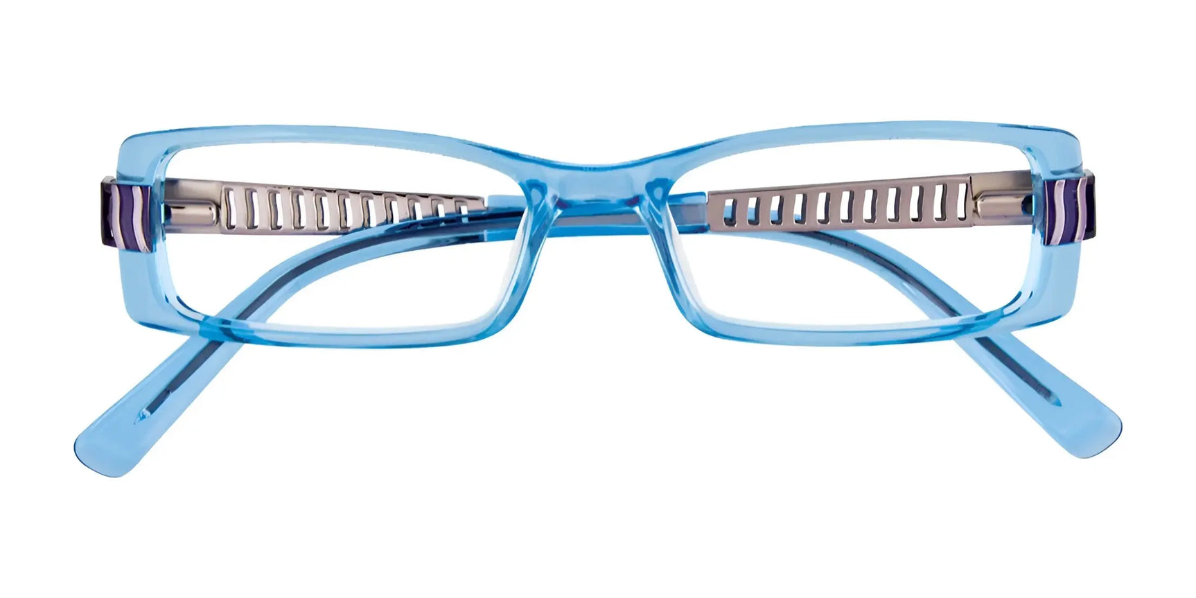 EasyClip EC185 Eyeglasses with Clip-on Sunglasses, by EasyClip, shown front-facing in blue rectangular frames with silver spring-like hinges. Size 48. Prescription Ready, displayed on a white background. EasyClip EC185 Eyeglasses with Clip-on Sunglasses, by EasyClip, shown front-facing in blue rectangular frames with silver spring-like hinges. Size 48. Prescription Ready, displayed on a white background.