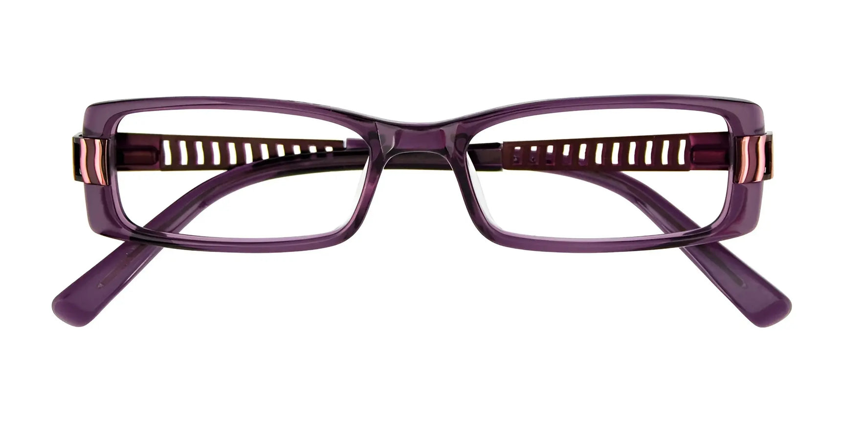 The EasyClip EC185 Eyeglasses by EasyClip feature a purple rectangular frame with striped arms, shown front view. These size 48 prescription-ready glasses include a polarized clip-on sunglasses accessory for versatility. The EasyClip EC185 Eyeglasses by EasyClip feature a purple rectangular frame with striped arms, shown front view. These size 48 prescription-ready glasses include a polarized clip-on sunglasses accessory for versatility.