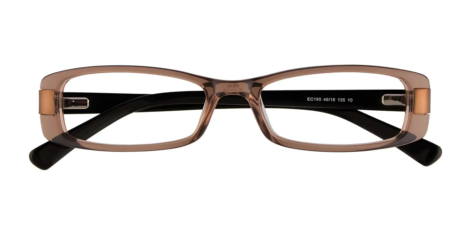 EasyClip EC190 Eyeglasses with Clip-on Sunglasses, size 48, feature a brown rectangular frame and black arms, shown from the front on a white background. EasyClip EC190 Eyeglasses with Clip-on Sunglasses, size 48, feature a brown rectangular frame and black arms, shown from the front on a white background.
