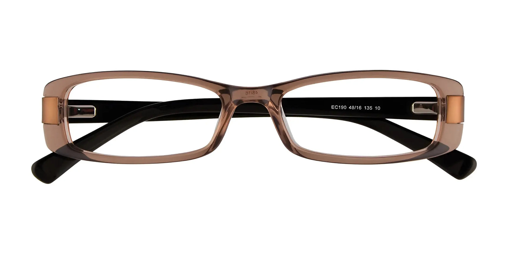 EasyClip EC190 Eyeglasses with Clip-on Sunglasses, size 48, feature a brown rectangular frame and black arms, shown from the front on a white background. EasyClip EC190 Eyeglasses with Clip-on Sunglasses, size 48, feature a brown rectangular frame and black arms, shown from the front on a white background.