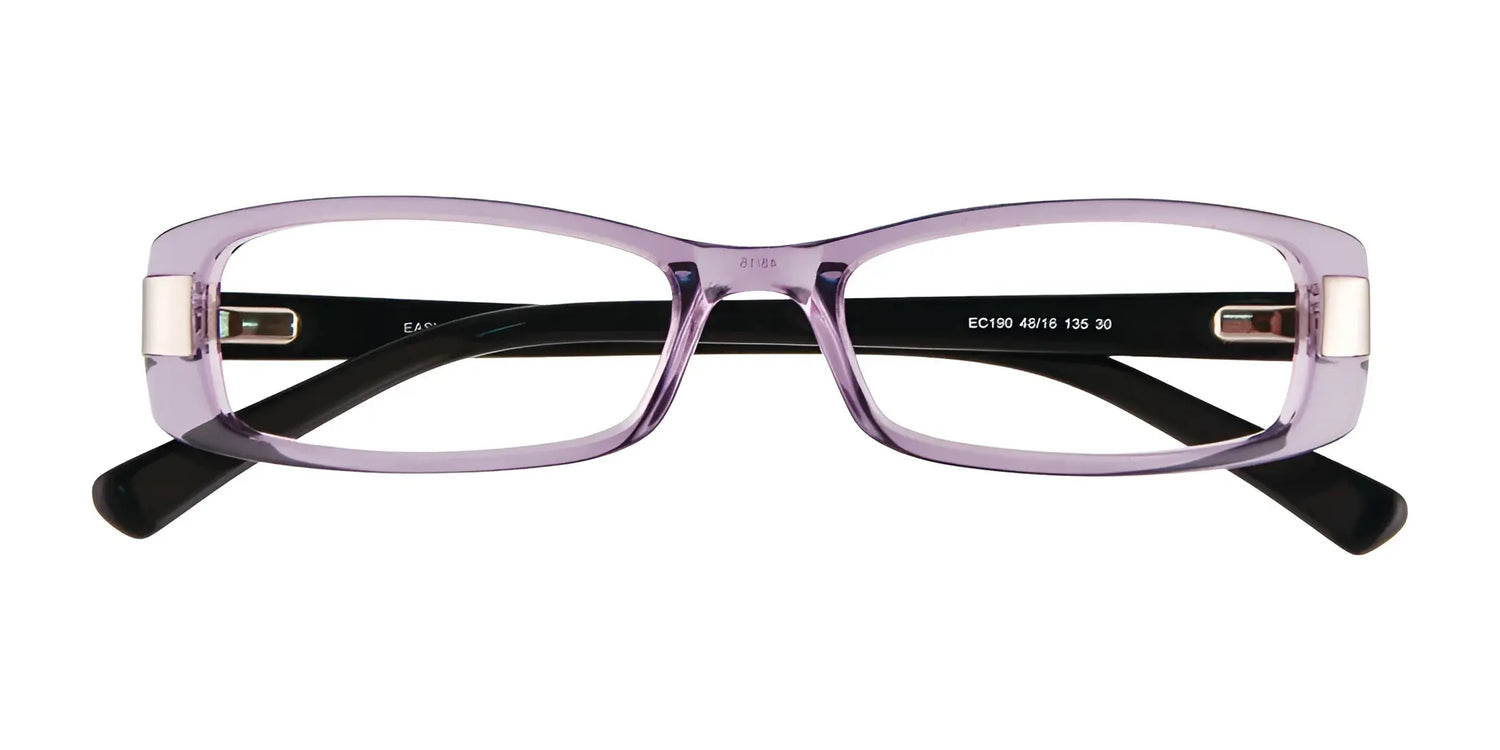 EasyClip EC190 rectangular eyeglasses with light purple frames and black arms, shown front-facing on a white background. Includes clip-on sunglasses. Size 48. EasyClip EC190 rectangular eyeglasses with light purple frames and black arms, shown front-facing on a white background. Includes clip-on sunglasses. Size 48.