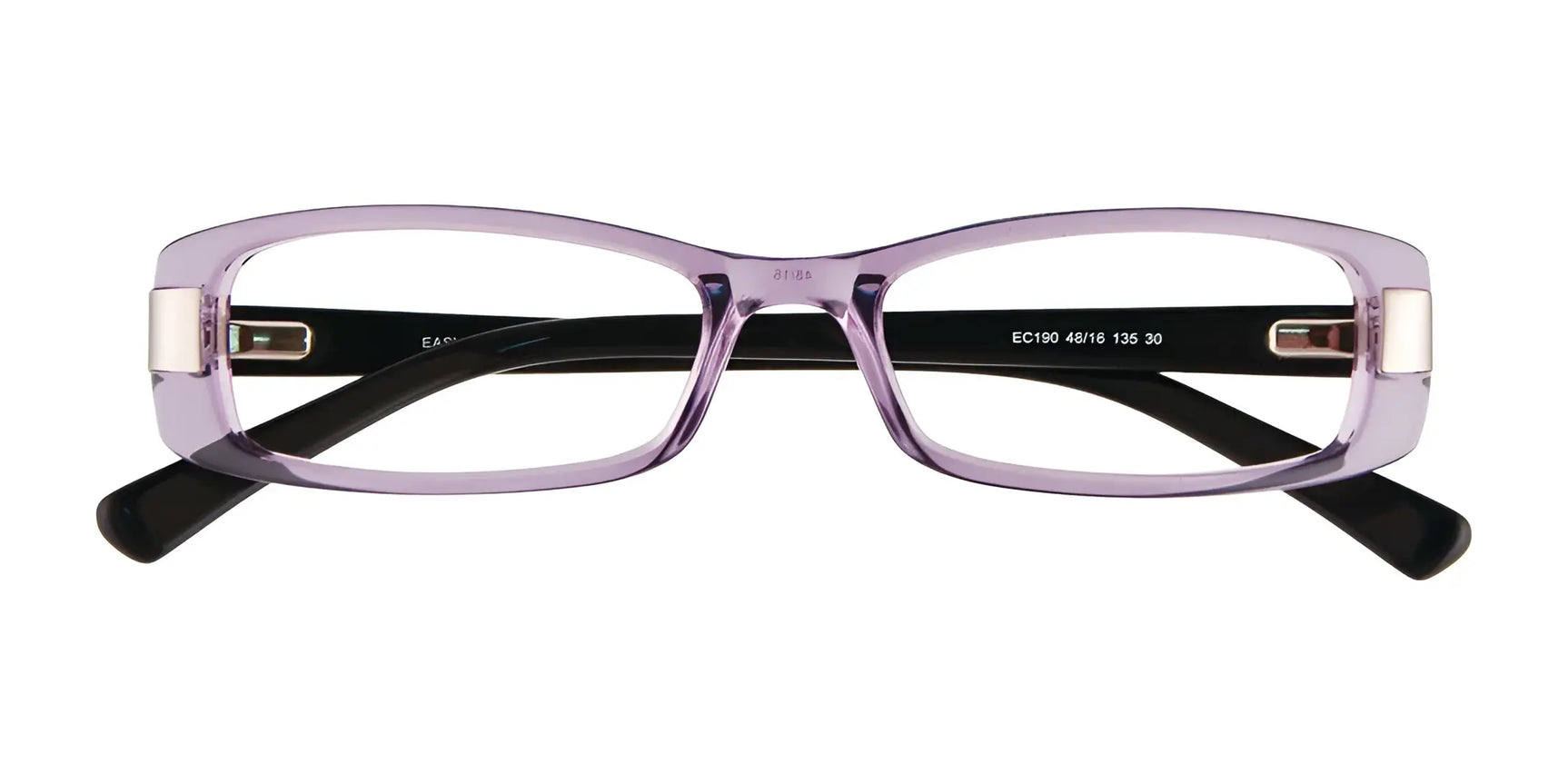 EasyClip EC190 rectangular eyeglasses with light purple frames and black arms, shown front-facing on a white background. Includes clip-on sunglasses. Size 48. EasyClip EC190 rectangular eyeglasses with light purple frames and black arms, shown front-facing on a white background. Includes clip-on sunglasses. Size 48.