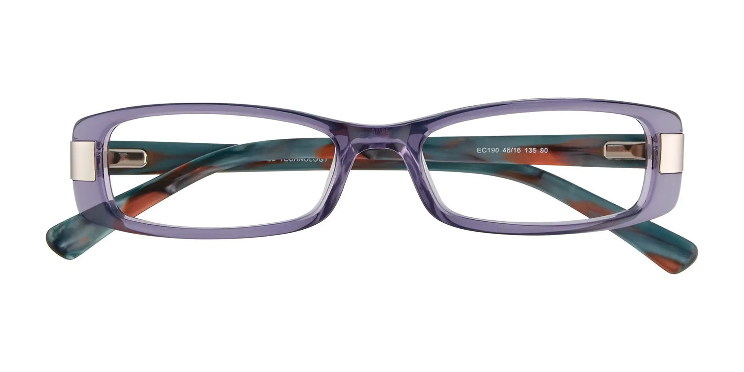 EasyClip EC190 Eyeglasses by EasyClip in size 48 feature purple rectangular frames with teal and orange marbled arms, shown from the front. Compatible with EasyClip’s clip-on sunglasses for easy, convenient sun protection. EasyClip EC190 Eyeglasses by EasyClip in size 48 feature purple rectangular frames with teal and orange marbled arms, shown from the front. Compatible with EasyClip’s clip-on sunglasses for easy, convenient sun protection.