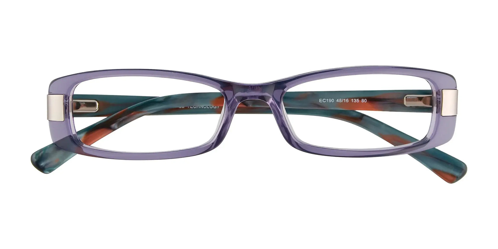 EasyClip EC190 Eyeglasses by EasyClip in size 48 feature purple rectangular frames with teal and orange marbled arms, shown from the front. Compatible with EasyClip’s clip-on sunglasses for easy, convenient sun protection. EasyClip EC190 Eyeglasses by EasyClip in size 48 feature purple rectangular frames with teal and orange marbled arms, shown from the front. Compatible with EasyClip’s clip-on sunglasses for easy, convenient sun protection.