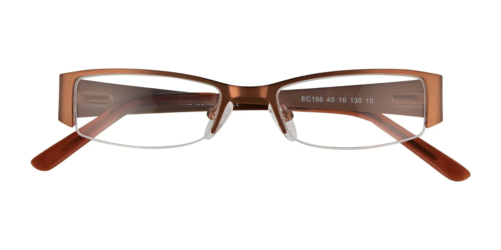 EasyClip EC198 Eyeglasses | Size 45 by EasyClip feature brown semi-rimless rectangular frames with clear lenses and a handy clip-on design, shown front-facing on a white background. EasyClip EC198 Eyeglasses | Size 45 by EasyClip feature brown semi-rimless rectangular frames with clear lenses and a handy clip-on design, shown front-facing on a white background.