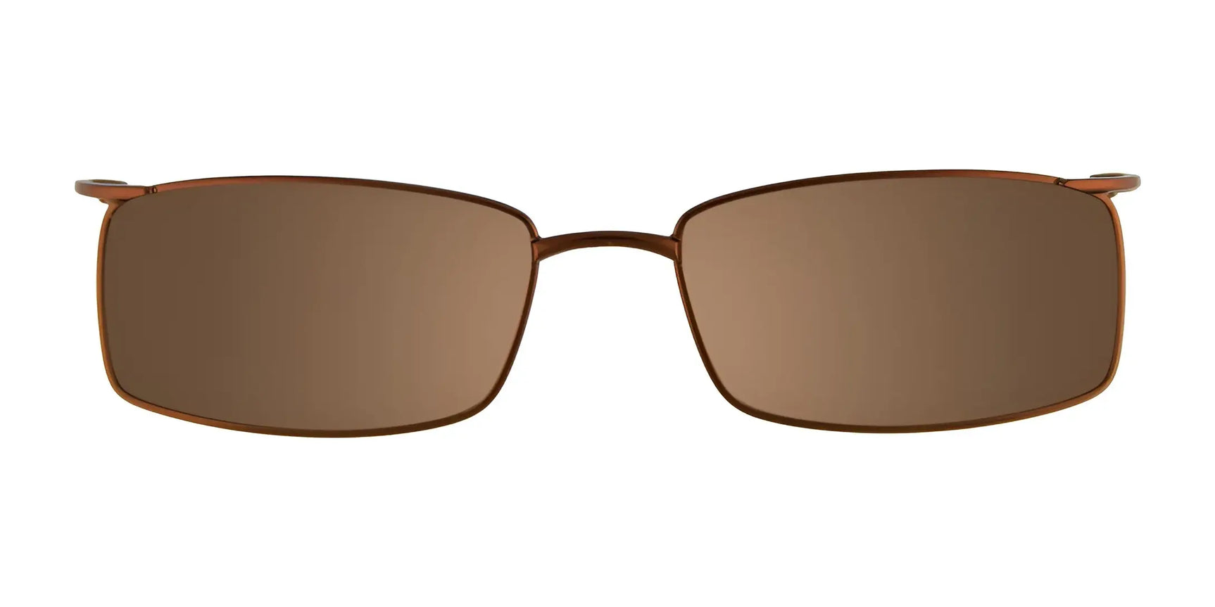 The EasyClip EC215 Eyeglasses with Clip-on Sunglasses by EasyClip feature a rectangular brown design with thin metal frames and a polarized clip, shown on a white background. Size 49. The EasyClip EC215 Eyeglasses with Clip-on Sunglasses by EasyClip feature a rectangular brown design with thin metal frames and a polarized clip, shown on a white background. Size 49.