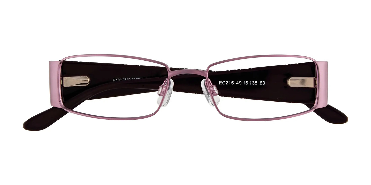 EasyClip EC215 Eyeglasses with Clip-on Sunglasses, size 49, feature a rectangular pink-rimmed frame and black arms, shown front view on a white background. Designed for seamless clip-on sunglasses compatibility by EasyClip. EasyClip EC215 Eyeglasses with Clip-on Sunglasses, size 49, feature a rectangular pink-rimmed frame and black arms, shown front view on a white background. Designed for seamless clip-on sunglasses compatibility by EasyClip.