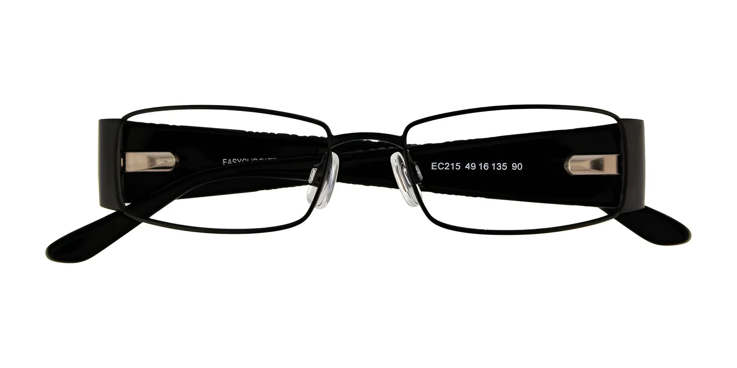 EasyClip EC215 Eyeglasses in black, size 49, by EasyClip. Rectangular frames with silver nose pads shown front-view on a white background. Features clip-on technology for easy polarized sunglasses attachment. EasyClip EC215 Eyeglasses in black, size 49, by EasyClip. Rectangular frames with silver nose pads shown front-view on a white background. Features clip-on technology for easy polarized sunglasses attachment.