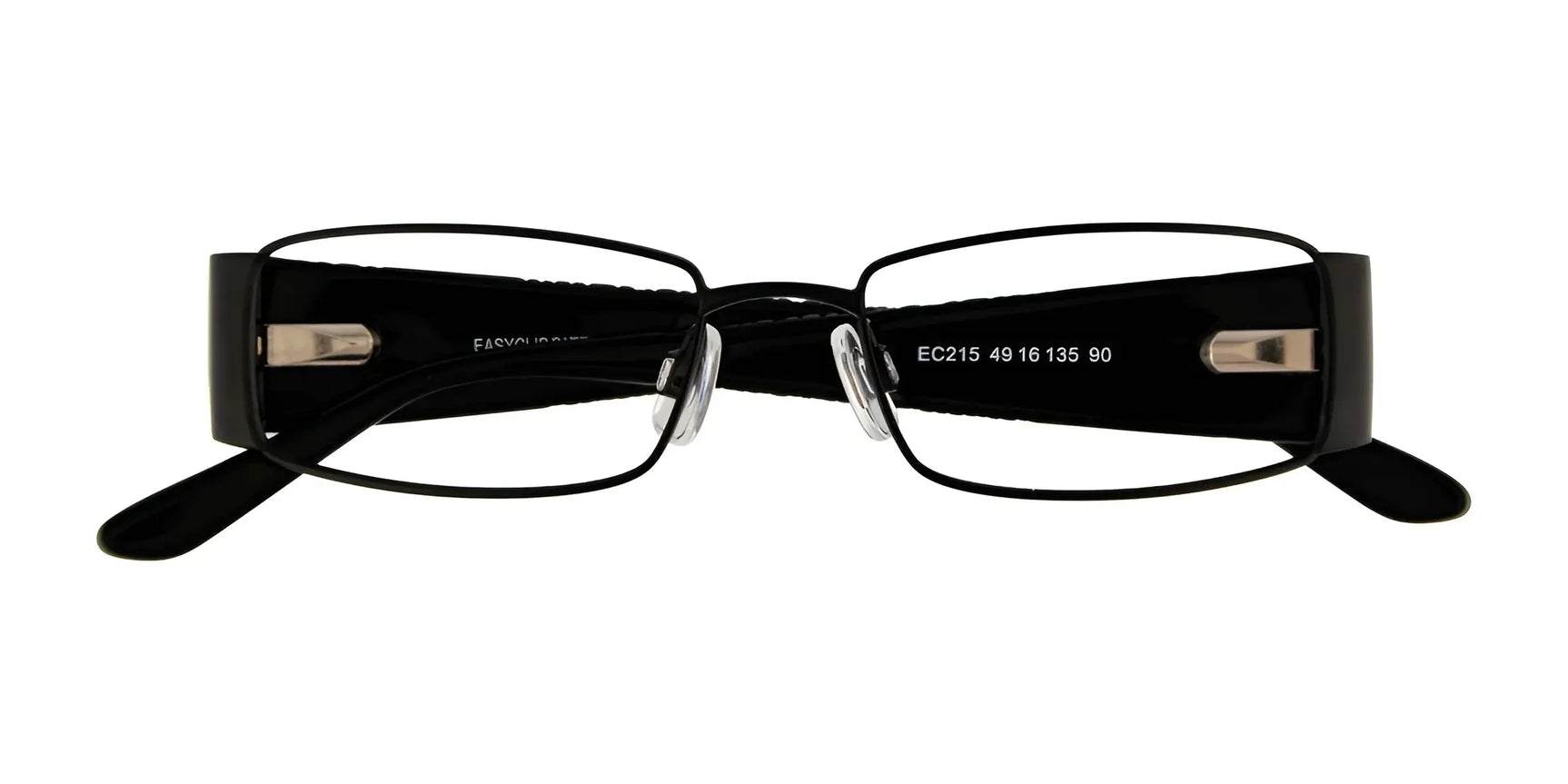 EasyClip EC215 Eyeglasses in black, size 49, by EasyClip. Rectangular frames with silver nose pads shown front-view on a white background. Features clip-on technology for easy polarized sunglasses attachment. EasyClip EC215 Eyeglasses in black, size 49, by EasyClip. Rectangular frames with silver nose pads shown front-view on a white background. Features clip-on technology for easy polarized sunglasses attachment.