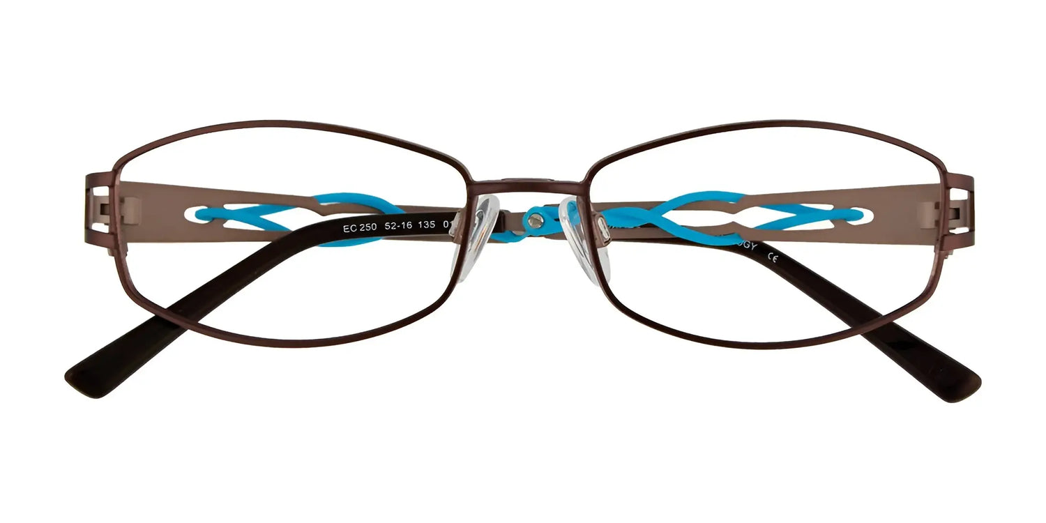 EasyClip EC250 eyeglasses with clip-on sunglasses, size 52, by EasyClip feature brown frames with blue decorative side accents, making a stylish statement. Displayed on a white background. EasyClip EC250 eyeglasses with clip-on sunglasses, size 52, by EasyClip feature brown frames with blue decorative side accents, making a stylish statement. Displayed on a white background.