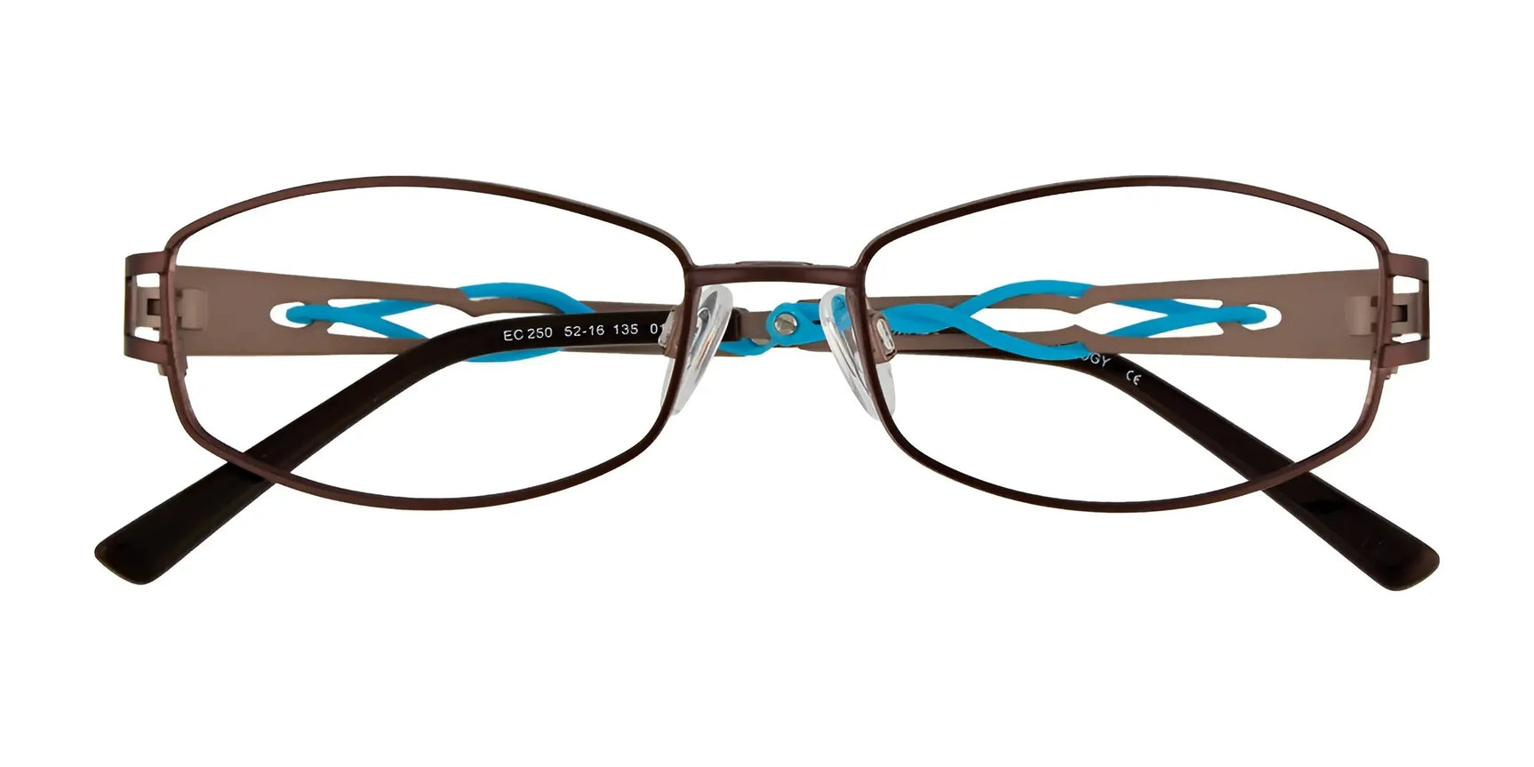 EasyClip EC250 eyeglasses with clip-on sunglasses, size 52, by EasyClip feature brown frames with blue decorative side accents, making a stylish statement. Displayed on a white background. EasyClip EC250 eyeglasses with clip-on sunglasses, size 52, by EasyClip feature brown frames with blue decorative side accents, making a stylish statement. Displayed on a white background.