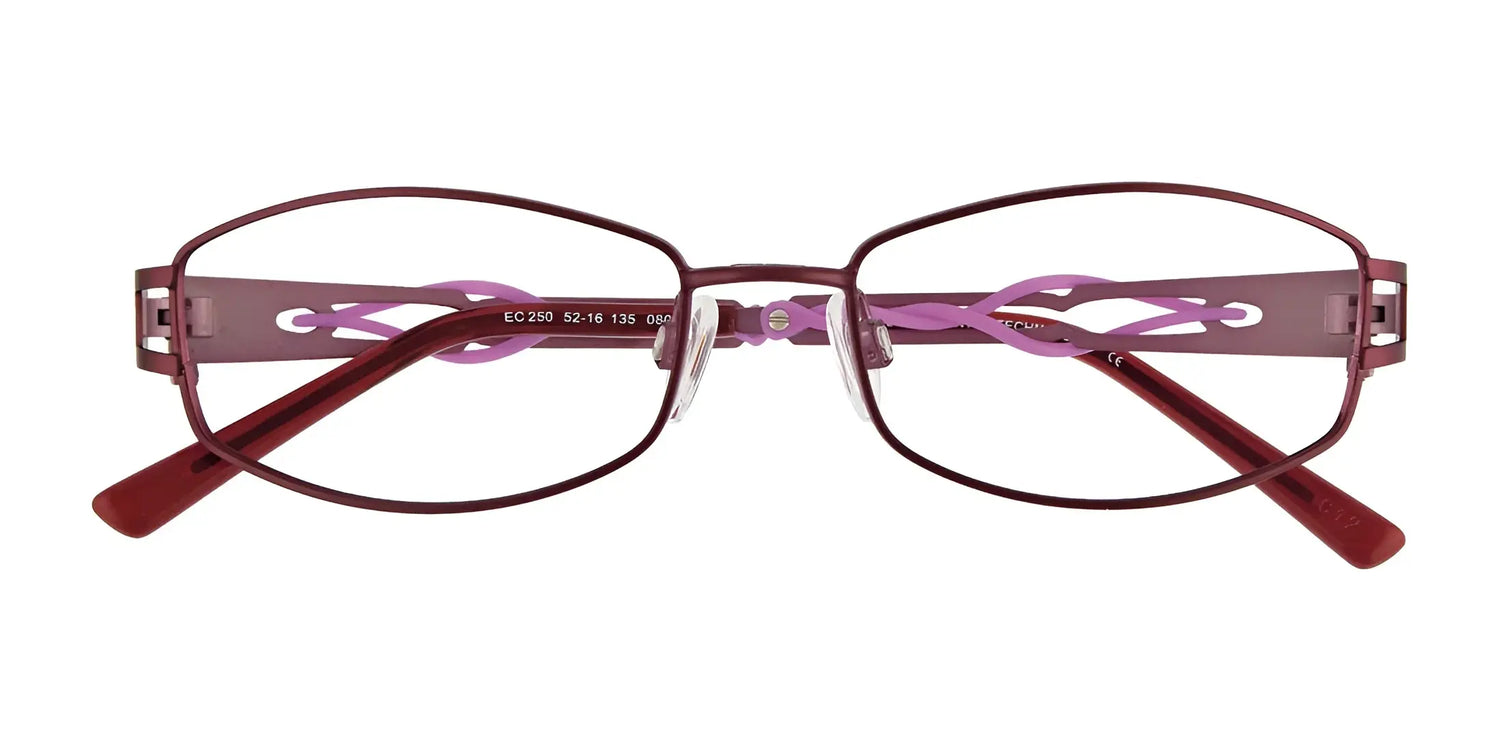 EasyClip EC250 Eyeglasses with Clip-on Sunglasses feature red frames, a silver bridge, and pink decorative side arms, shown from the front against a white background—stylish eyewear by EasyClip in size 52. EasyClip EC250 Eyeglasses with Clip-on Sunglasses feature red frames, a silver bridge, and pink decorative side arms, shown from the front against a white background—stylish eyewear by EasyClip in size 52.
