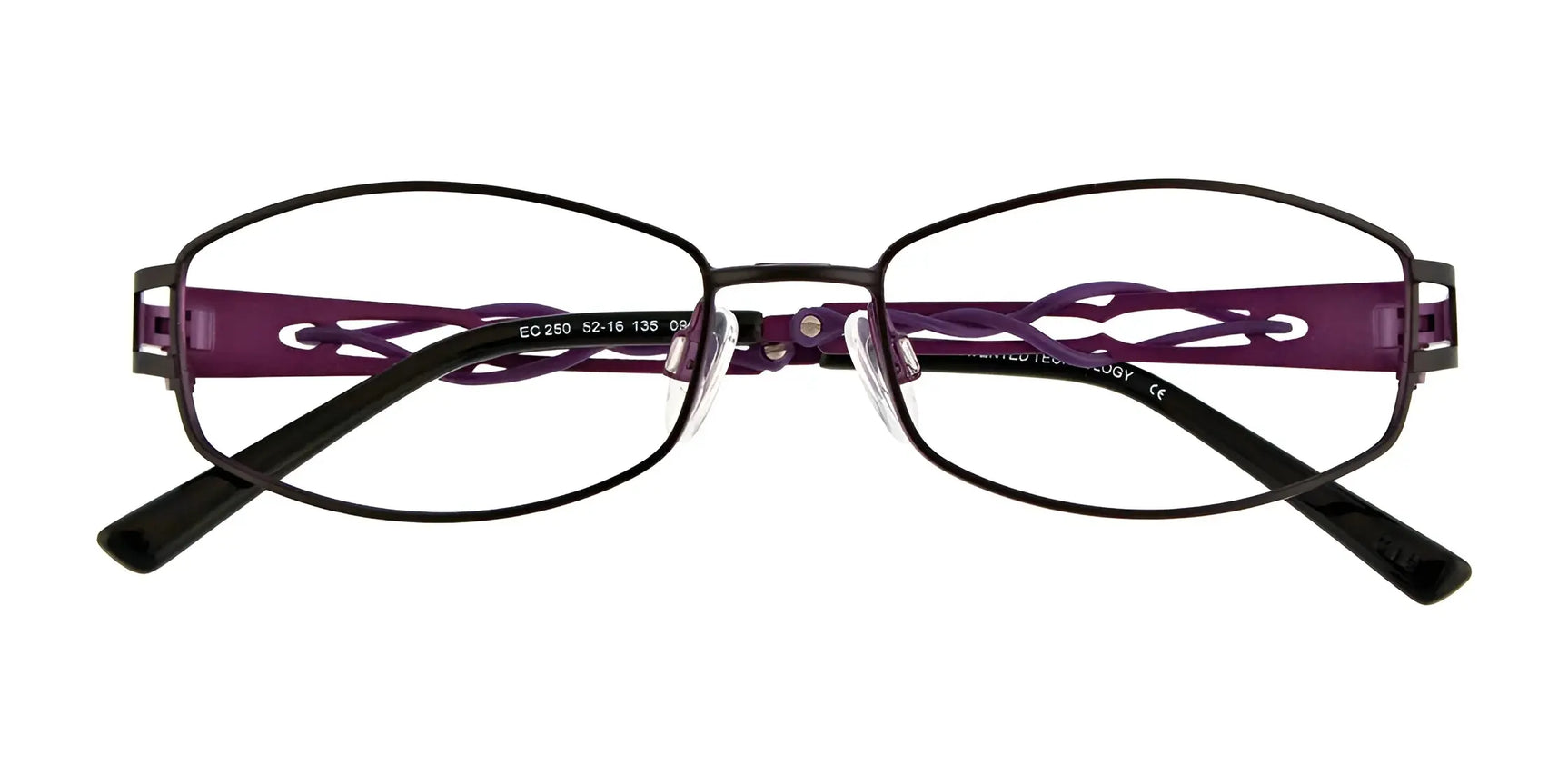 The EasyClip EC250 Eyeglasses with Clip-on Sunglasses (Size 52) by EasyClip feature purple and black oval frames and stylish interwoven temple arms, making them a standout fashion accessory. The EasyClip EC250 Eyeglasses with Clip-on Sunglasses (Size 52) by EasyClip feature purple and black oval frames and stylish interwoven temple arms, making them a standout fashion accessory.