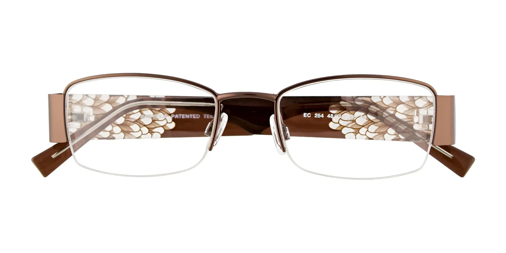 EasyClip EC254 Eyeglasses in brown, size 48, feature a lightweight half-rim frame with decorative temples. Displayed on a white background, these EasyClip glasses include convenient clip-on sunglasses for versatile style. EasyClip EC254 Eyeglasses in brown, size 48, feature a lightweight half-rim frame with decorative temples. Displayed on a white background, these EasyClip glasses include convenient clip-on sunglasses for versatile style.