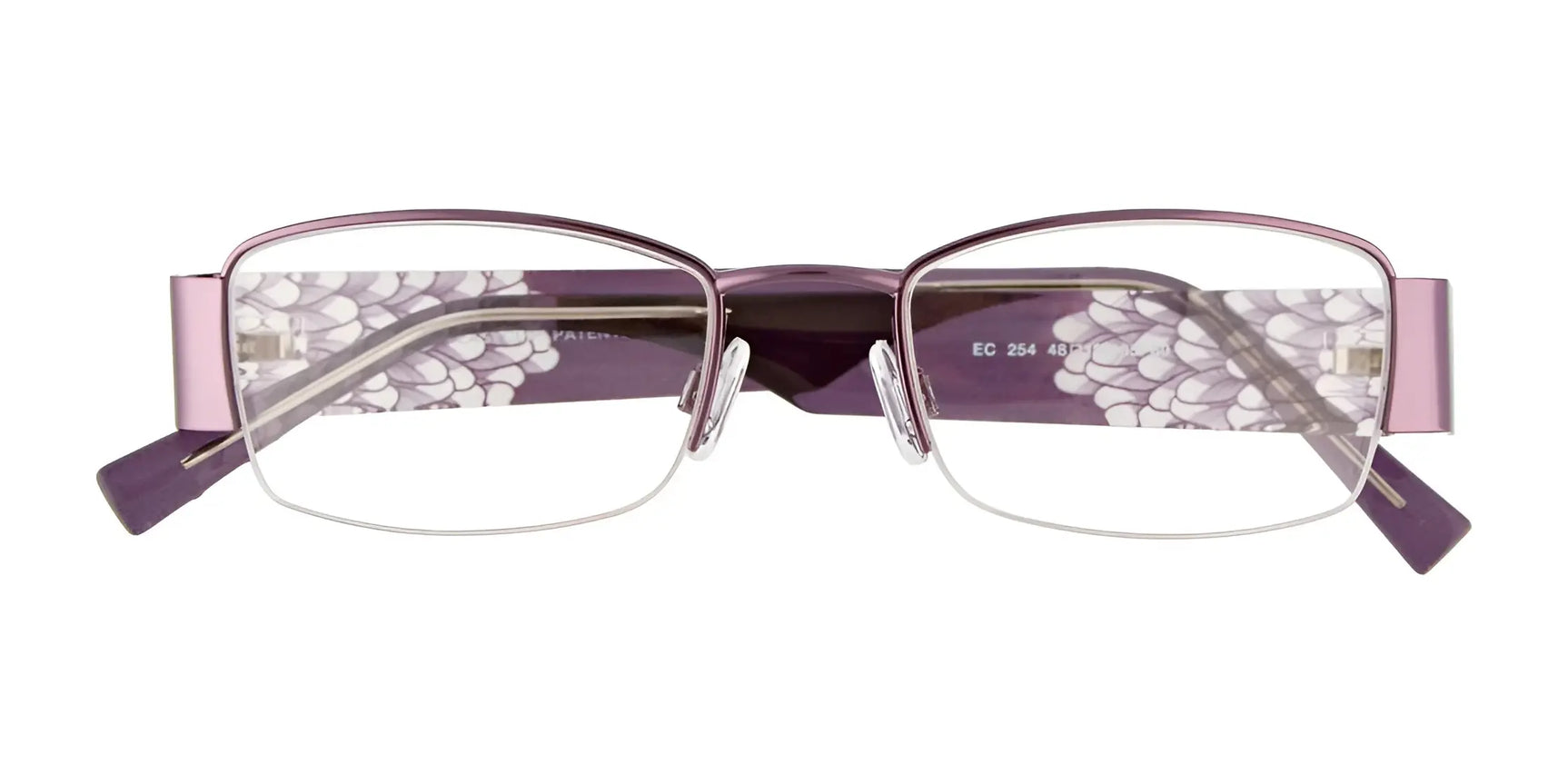 The EasyClip EC254 Eyeglasses with Clip-on Sunglasses (Size 48) by EasyClip feature a lightweight purple half-rim frame and floral patterned arms, displayed from the front on a white background. The EasyClip EC254 Eyeglasses with Clip-on Sunglasses (Size 48) by EasyClip feature a lightweight purple half-rim frame and floral patterned arms, displayed from the front on a white background.