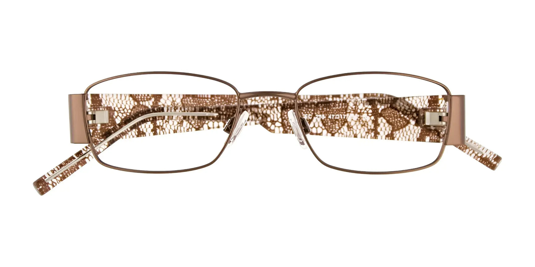 EasyClip EC255 rectangular brown eyeglasses by EasyClip, featuring a snakeskin-patterned arm design and clip-on polarized sunglasses, shown front-facing on a white background. EasyClip EC255 rectangular brown eyeglasses by EasyClip, featuring a snakeskin-patterned arm design and clip-on polarized sunglasses, shown front-facing on a white background.