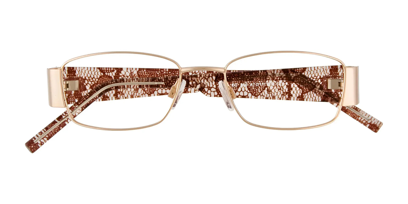 EasyClip EC255 Eyeglasses by EasyClip feature a gold rectangular frame with brown and white lace-patterned detailing, EasyClip technology, and come prescription ready. Includes clip-on sunglasses. Size 47. EasyClip EC255 Eyeglasses by EasyClip feature a gold rectangular frame with brown and white lace-patterned detailing, EasyClip technology, and come prescription ready. Includes clip-on sunglasses. Size 47.