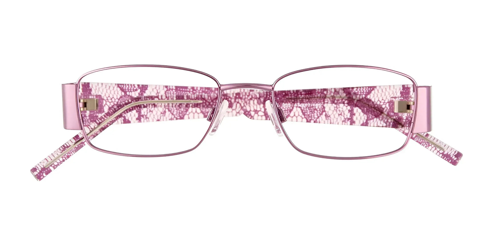 The EasyClip EC255 Eyeglasses by EasyClip feature rectangular pink metal frames with a pink snakeskin pattern on the temples and bridge, plus EasyClip tech for quick attachment of polarized clip-on sunglasses. Size 47. The EasyClip EC255 Eyeglasses by EasyClip feature rectangular pink metal frames with a pink snakeskin pattern on the temples and bridge, plus EasyClip tech for quick attachment of polarized clip-on sunglasses. Size 47.