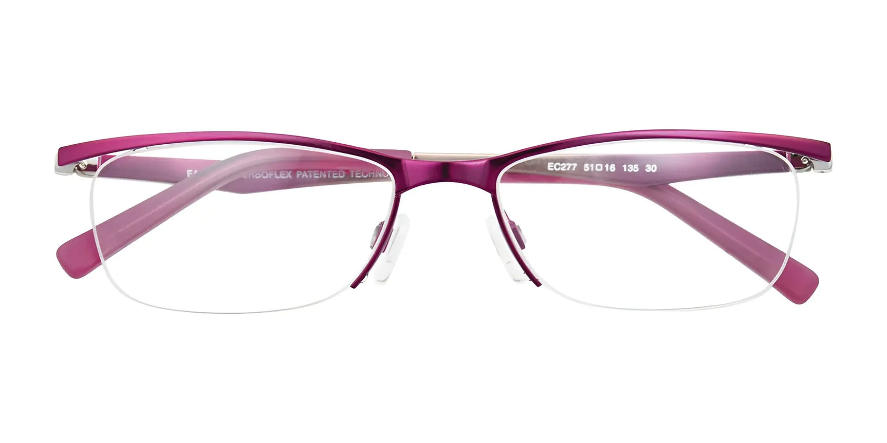 EasyClip EC277 Eyeglasses by EasyClip, semi-rimless and purple with rectangular lenses and clear nose pads, shown front view. Includes easyclip technology and comes with a polarized clip-on sunglasses attachment. Size 51. EasyClip EC277 Eyeglasses by EasyClip, semi-rimless and purple with rectangular lenses and clear nose pads, shown front view. Includes easyclip technology and comes with a polarized clip-on sunglasses attachment. Size 51.