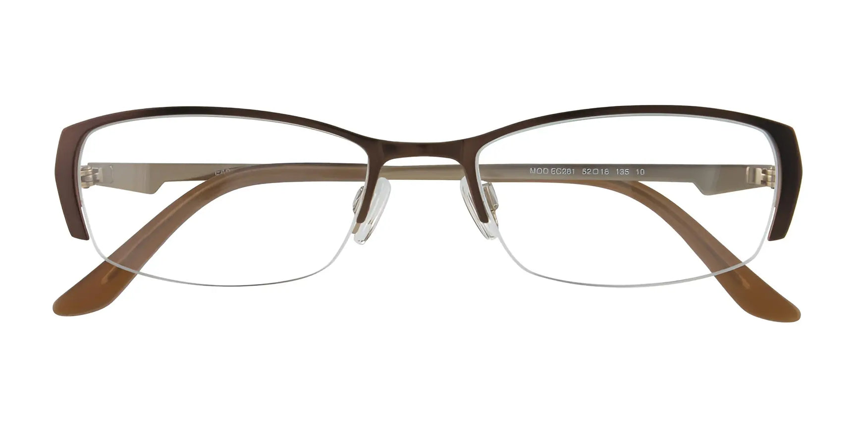 EasyClip EC281 Eyeglasses by EasyClip: brown rectangular semi-rimless frames with clear lenses, shown front view. Prescription ready and includes a clip-on polarized sunglasses accessory for versatile wear. EasyClip EC281 Eyeglasses by EasyClip: brown rectangular semi-rimless frames with clear lenses, shown front view. Prescription ready and includes a clip-on polarized sunglasses accessory for versatile wear.