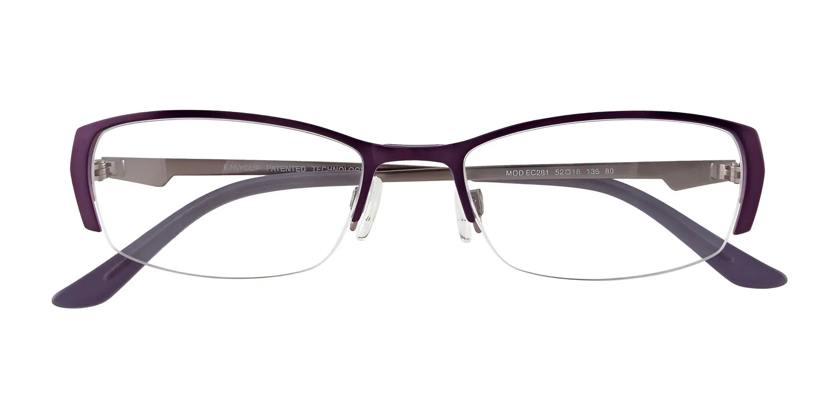 EasyClip EC281 Eyeglasses by EasyClip feature purple semi-rimless rectangular frames and silver temples. Prescription ready, they include a clip-on for polarized sunglasses, offering versatile style and sun protection. EasyClip EC281 Eyeglasses by EasyClip feature purple semi-rimless rectangular frames and silver temples. Prescription ready, they include a clip-on for polarized sunglasses, offering versatile style and sun protection.
