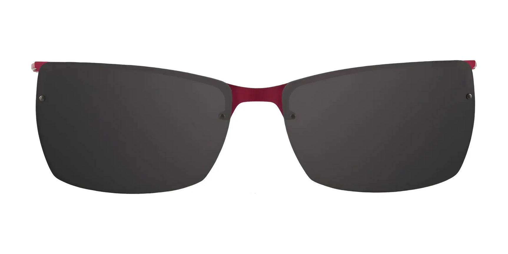 The EasyClip EC289 Eyeglasses with Clip-on Sunglasses by EasyClip feature black polarized, rimless lenses and a thin dark red bridge, offering stylish sun protection and a modern look. Size 52. Shown on a white background. The EasyClip EC289 Eyeglasses with Clip-on Sunglasses by EasyClip feature black polarized, rimless lenses and a thin dark red bridge, offering stylish sun protection and a modern look. Size 52. Shown on a white background.