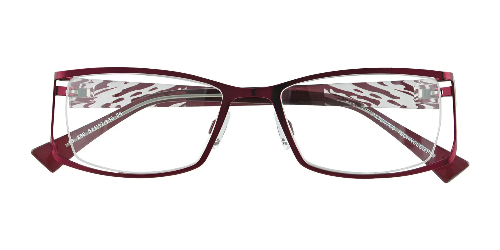 EasyClip EC289 Eyeglasses in red, rectangular frames with patterned temples and clear lenses, shown on a white background; includes convenient clip-on sunglasses for versatile wear. Size 52. Brand: EasyClip. EasyClip EC289 Eyeglasses in red, rectangular frames with patterned temples and clear lenses, shown on a white background; includes convenient clip-on sunglasses for versatile wear. Size 52. Brand: EasyClip.