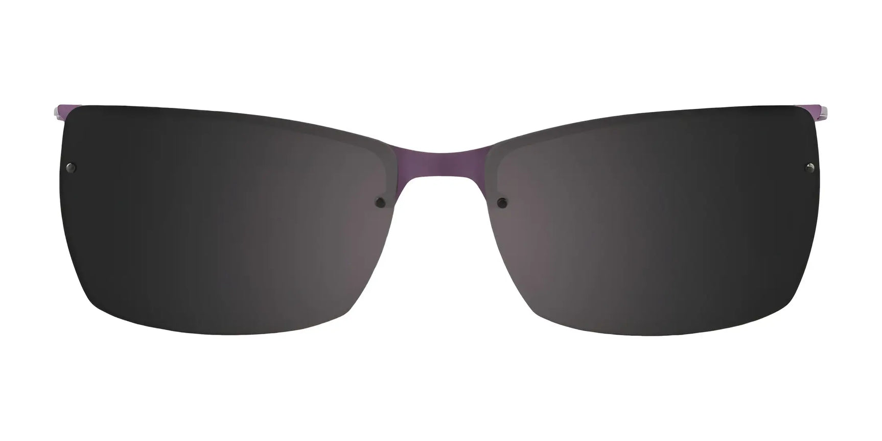 EasyClip EC289 Eyeglasses with a rimless black clip-on sun lens and a slim purple bridge by EasyClip, size 52, displayed on a white background. EasyClip EC289 Eyeglasses with a rimless black clip-on sun lens and a slim purple bridge by EasyClip, size 52, displayed on a white background.