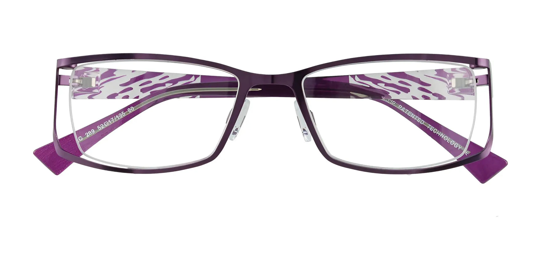 The EasyClip EC289 Eyeglasses by EasyClip feature rectangular lenses, a purple frame, and zebra-striped inner arms. They include convenient clip-on sunglasses for stylish versatility. Size 52. The EasyClip EC289 Eyeglasses by EasyClip feature rectangular lenses, a purple frame, and zebra-striped inner arms. They include convenient clip-on sunglasses for stylish versatility. Size 52.