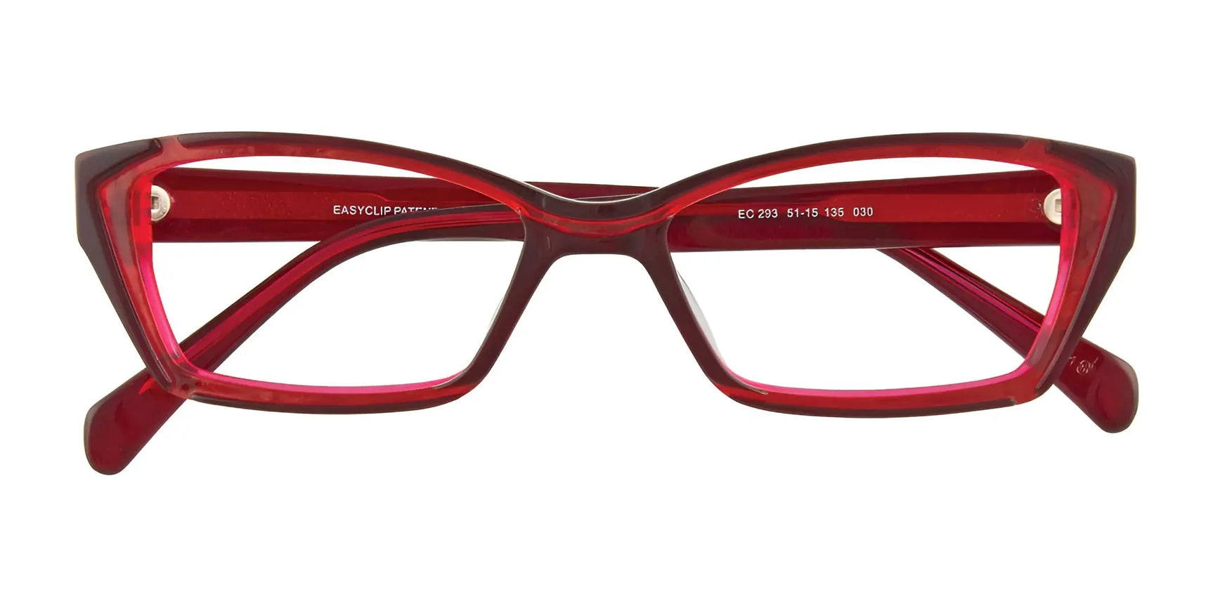 The EasyClip EC293 Eyeglasses by EasyClip feature red cat-eye frames with slightly pointed corners, shown front-facing on a white background. These eyeglasses come with convenient clip-on sunglasses. Size 51. The EasyClip EC293 Eyeglasses by EasyClip feature red cat-eye frames with slightly pointed corners, shown front-facing on a white background. These eyeglasses come with convenient clip-on sunglasses. Size 51.