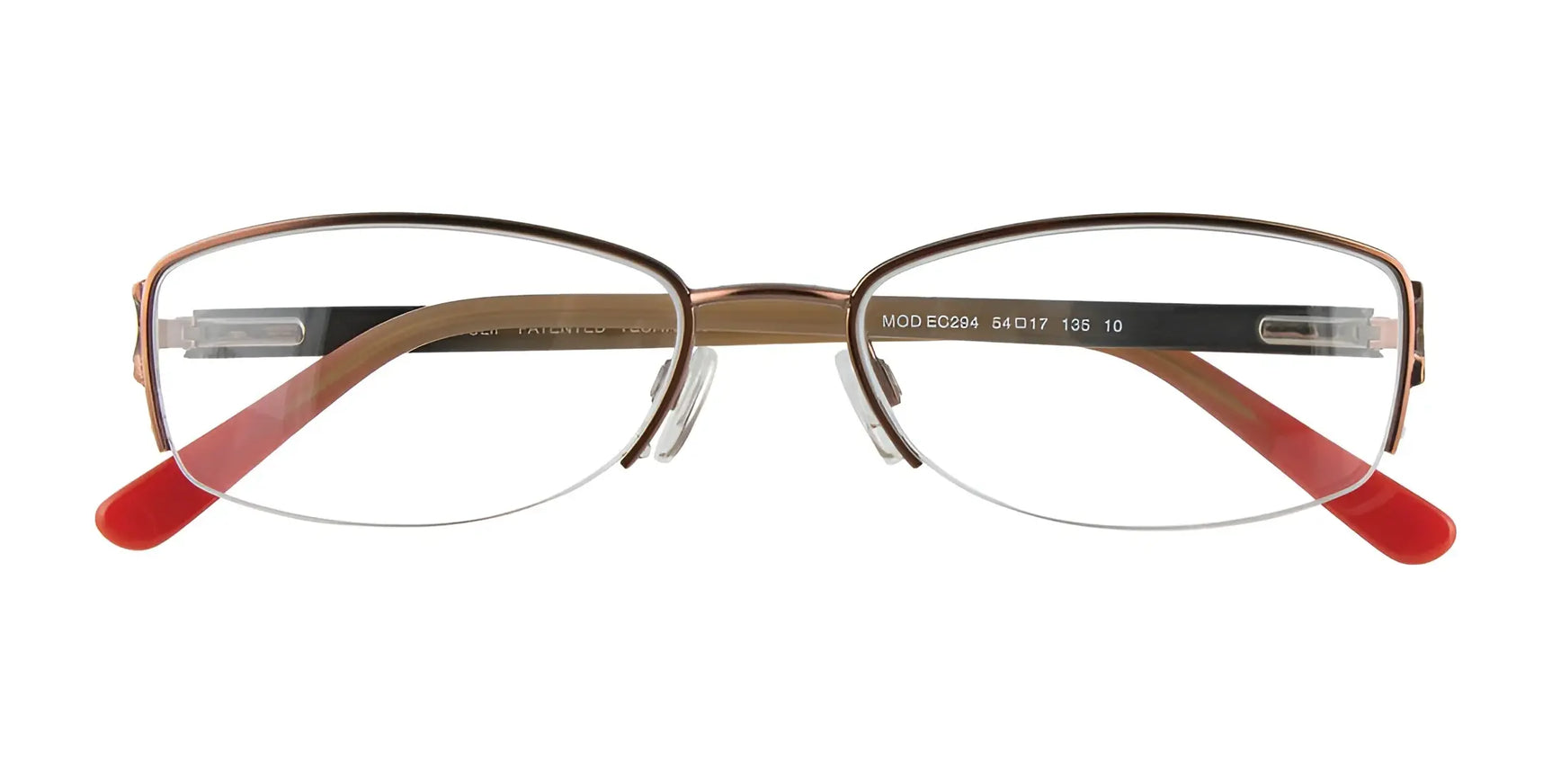 Front view of the EasyClip EC294 Eyeglasses with Clip-on Sunglasses (Size 54)—brown and red semi-rimless metal frames with clear lenses. Brand: EasyClip. Includes a polarized sunglasses clip for added versatility. Front view of the EasyClip EC294 Eyeglasses with Clip-on Sunglasses (Size 54)—brown and red semi-rimless metal frames with clear lenses. Brand: EasyClip. Includes a polarized sunglasses clip for added versatility.