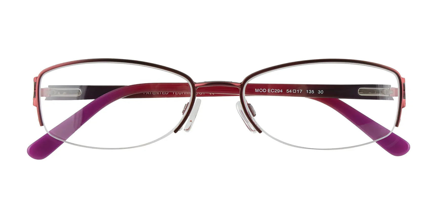Red and purple metal EasyClip EC294 eyeglasses with clear lenses, shown from the front. These EasyClip frames include a clip-on polarized sunglasses for versatile style and sun protection. Size 54. Red and purple metal EasyClip EC294 eyeglasses with clear lenses, shown from the front. These EasyClip frames include a clip-on polarized sunglasses for versatile style and sun protection. Size 54.