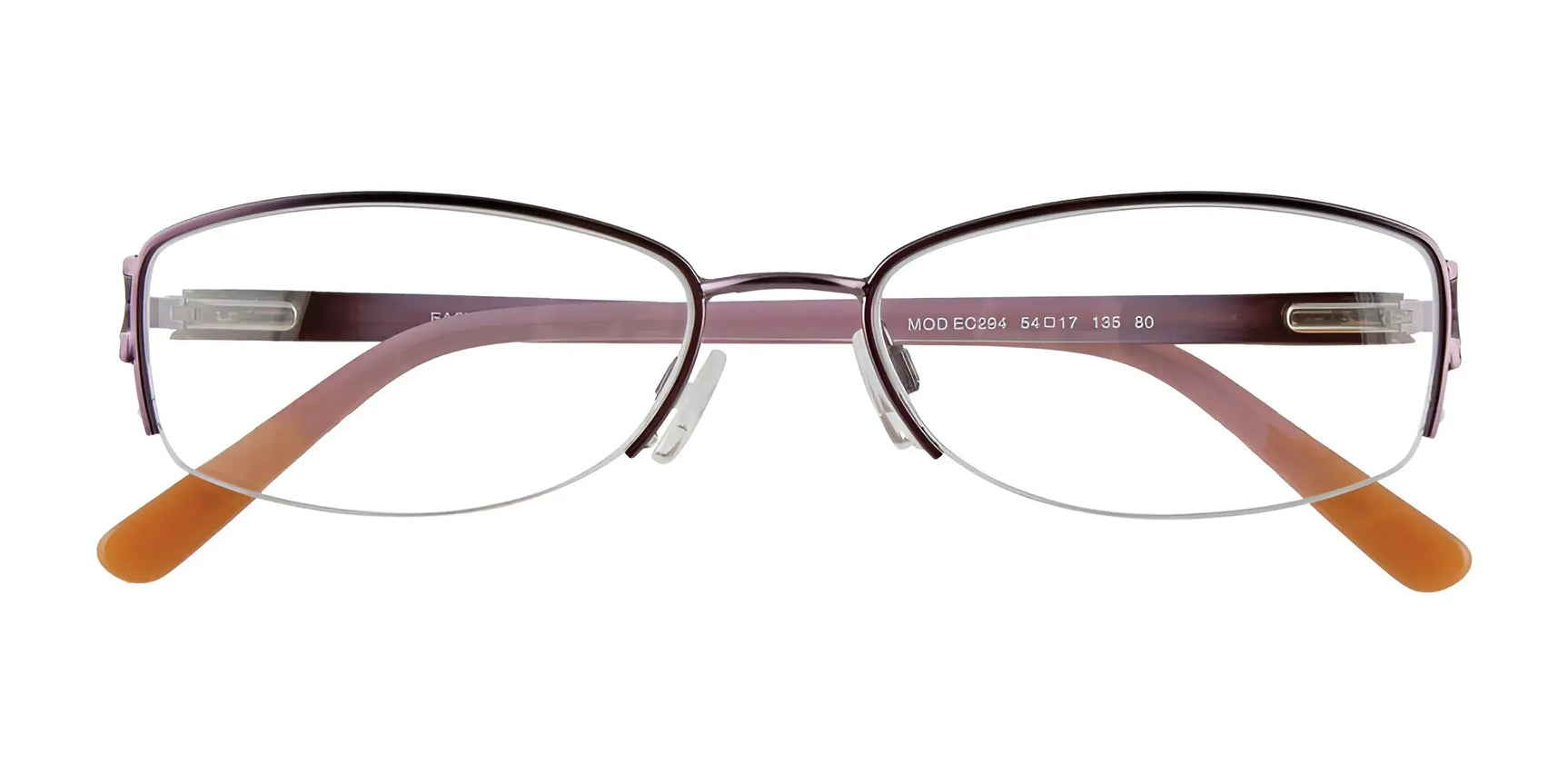 The EasyClip EC294 Eyeglasses by EasyClip feature purple frames and orange temple tips, shown from the front—ideal for quickly adding the included clip-on sunglasses for extra sun protection. Size 54. The EasyClip EC294 Eyeglasses by EasyClip feature purple frames and orange temple tips, shown from the front—ideal for quickly adding the included clip-on sunglasses for extra sun protection. Size 54.