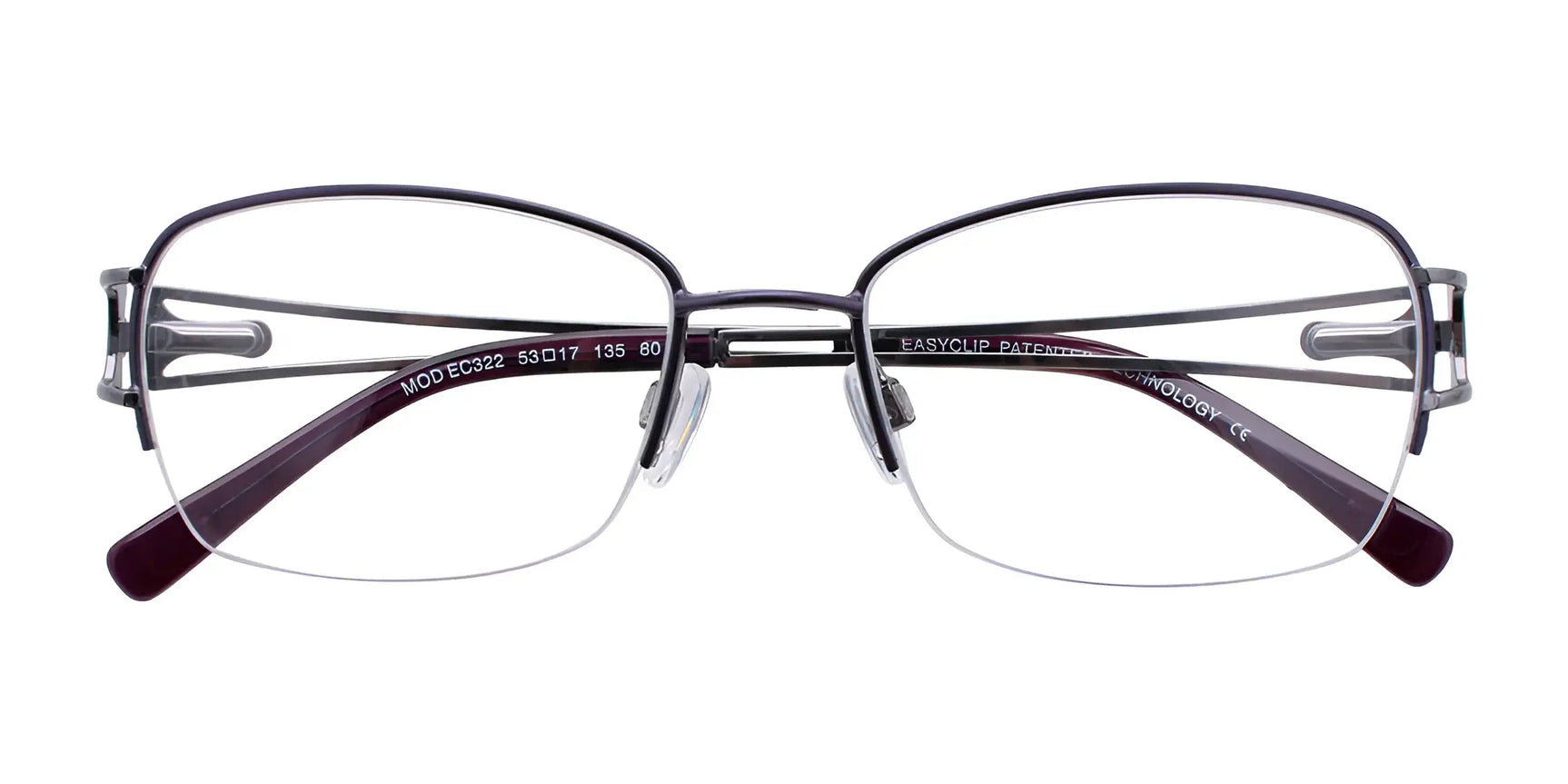 The EasyClip EC322 Eyeglasses by EasyClip feature dark semi-rimless rectangular frames and come with a convenient clip-on for easy transition to polarized sunglasses. Size 53. Shown on a white background. The EasyClip EC322 Eyeglasses by EasyClip feature dark semi-rimless rectangular frames and come with a convenient clip-on for easy transition to polarized sunglasses. Size 53. Shown on a white background.