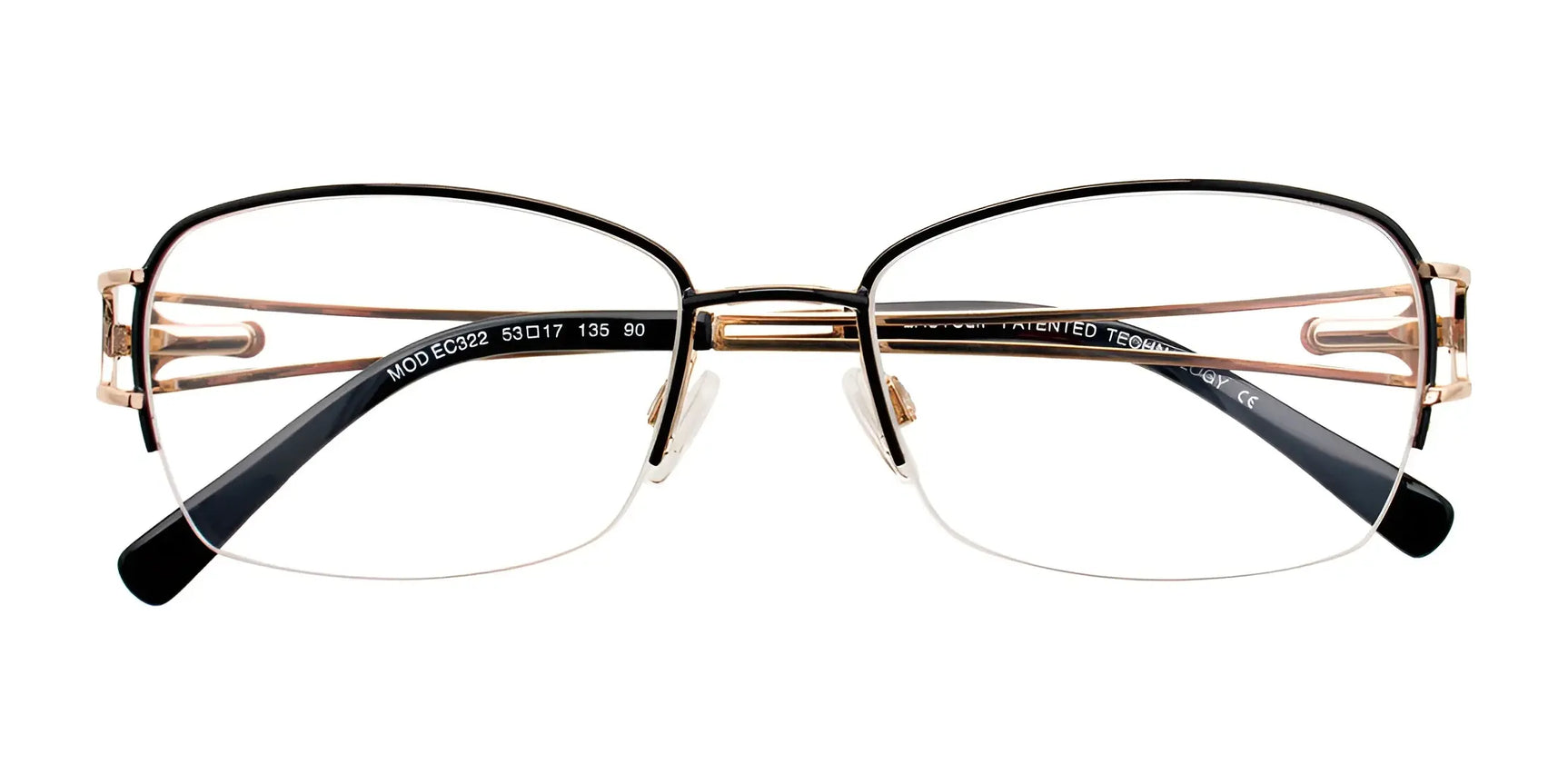 EasyClip EC322 Eyeglasses by EasyClip, shown front-facing in black and gold on a white background. Includes a convenient clip-on for easy transformation into polarized sunglasses. Size 53. EasyClip EC322 Eyeglasses by EasyClip, shown front-facing in black and gold on a white background. Includes a convenient clip-on for easy transformation into polarized sunglasses. Size 53.