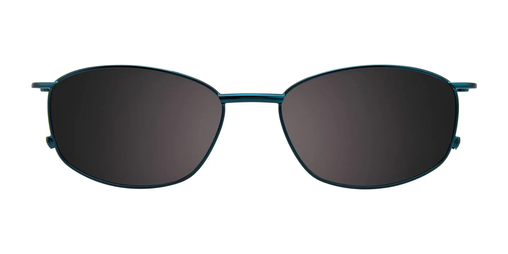 Front view of EasyClip EC343 Eyeglasses with Clip-on Sunglasses, size 49, by EasyClip, featuring thin blue metal frames and dark lenses in a subtle Cat Eye shape on a white background. Front view of EasyClip EC343 Eyeglasses with Clip-on Sunglasses, size 49, by EasyClip, featuring thin blue metal frames and dark lenses in a subtle Cat Eye shape on a white background.