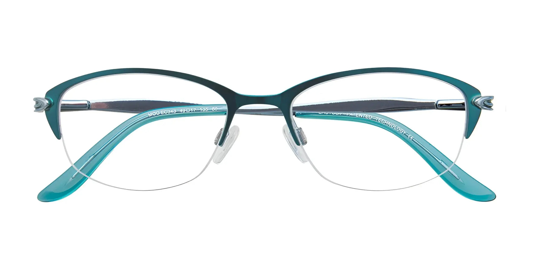 EasyClip EC343 Eyeglasses with Clip-on Sunglasses, size 49, in teal half-rim Cat Eye style with clear nose pads and silver details, shown on a white background. EasyClip EC343 Eyeglasses with Clip-on Sunglasses, size 49, in teal half-rim Cat Eye style with clear nose pads and silver details, shown on a white background.