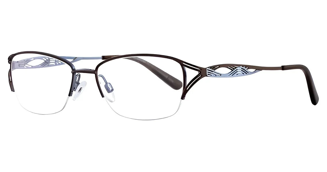 The EasyClip EC363 Eyeglasses in Size 50 boast intricate metalwork on the temples and adjustable nose pads, highlighted beautifully in a satin dark brown and light blue color palette. The EasyClip EC363 Eyeglasses in Size 50 boast intricate metalwork on the temples and adjustable nose pads, highlighted beautifully in a satin dark brown and light blue color palette.