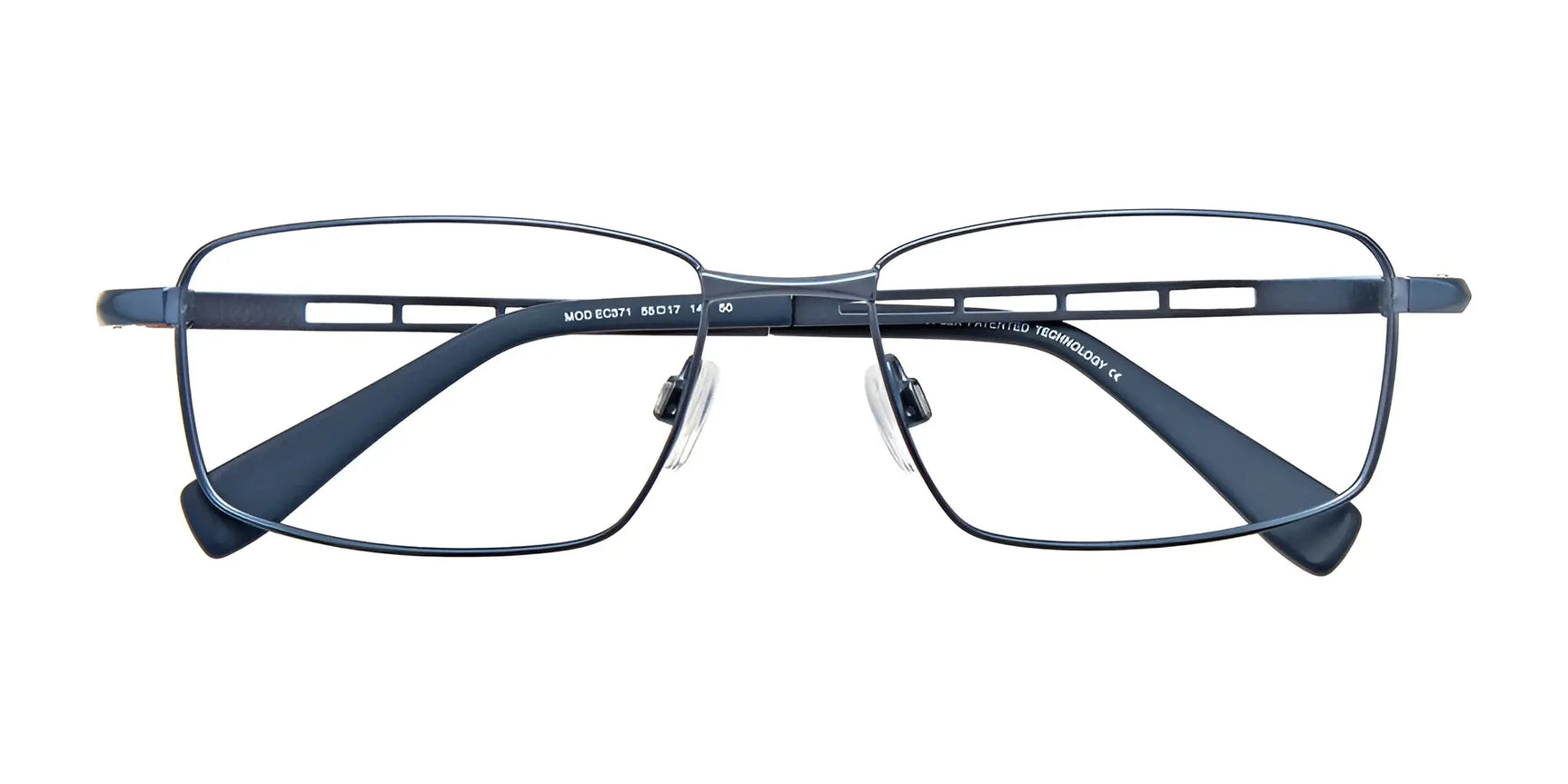 Rectangular black EasyClip EC371 Eyeglasses with cutout arm details, shown on a white background. Includes clip-on sunglasses. Rectangular black EasyClip EC371 Eyeglasses with cutout arm details, shown on a white background. Includes clip-on sunglasses.