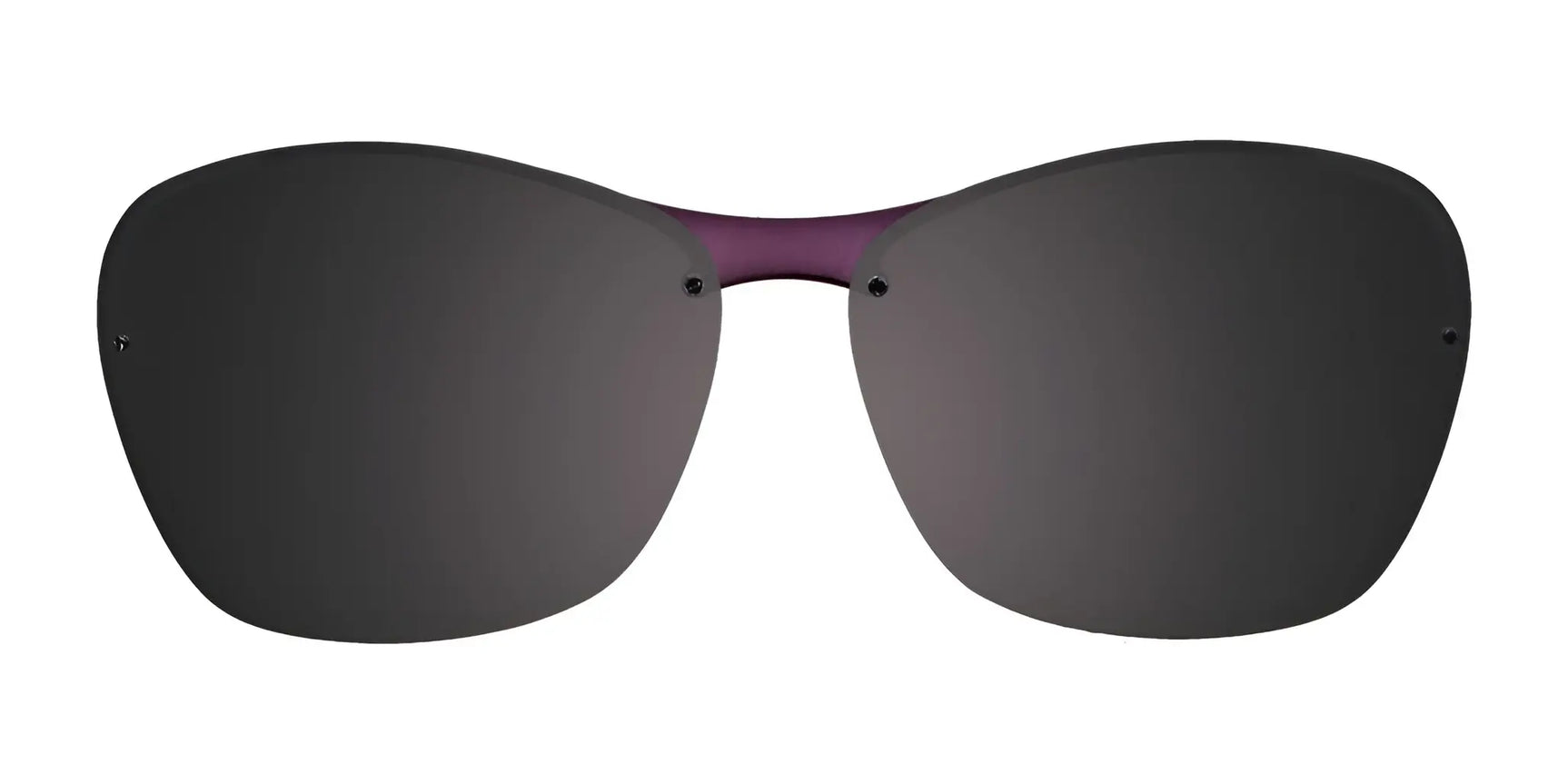 EasyClip EC376 Eyeglasses with rimless, dark-lensed clip-on sunglasses and a purple bridge by EasyClip, size 52, shown on a white background. EasyClip EC376 Eyeglasses with rimless, dark-lensed clip-on sunglasses and a purple bridge by EasyClip, size 52, shown on a white background.