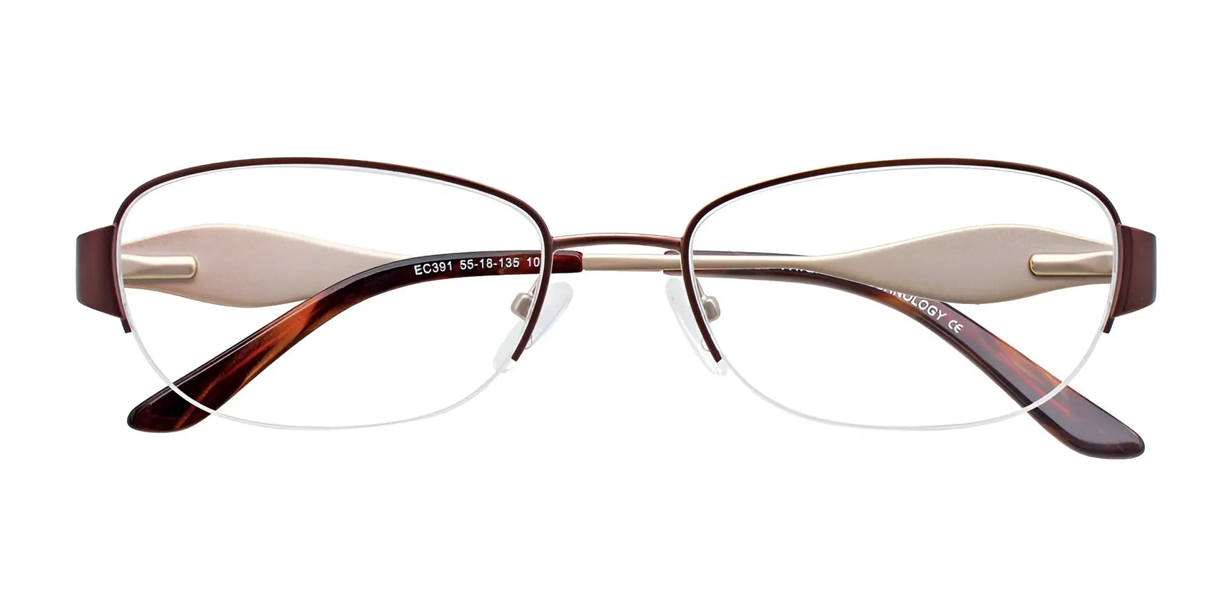 EasyClip EC391 Eyeglasses with oval lenses feature a brown metal semi-rimless frame and tortoiseshell arms, shown on a white background. Includes a polarized clip-on for added versatility. Brand: EasyClip. Size: 55. EasyClip EC391 Eyeglasses with oval lenses feature a brown metal semi-rimless frame and tortoiseshell arms, shown on a white background. Includes a polarized clip-on for added versatility. Brand: EasyClip. Size: 55.