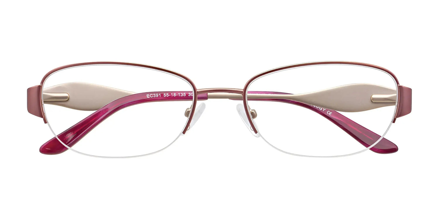 EasyClip EC391 Eyeglasses with beige arms in brown and pink semi-rimless style, shown front view on a white background. Includes detachable clip-on sunglasses for added convenience. Brand: EasyClip, Size: 55. EasyClip EC391 Eyeglasses with beige arms in brown and pink semi-rimless style, shown front view on a white background. Includes detachable clip-on sunglasses for added convenience. Brand: EasyClip, Size: 55.