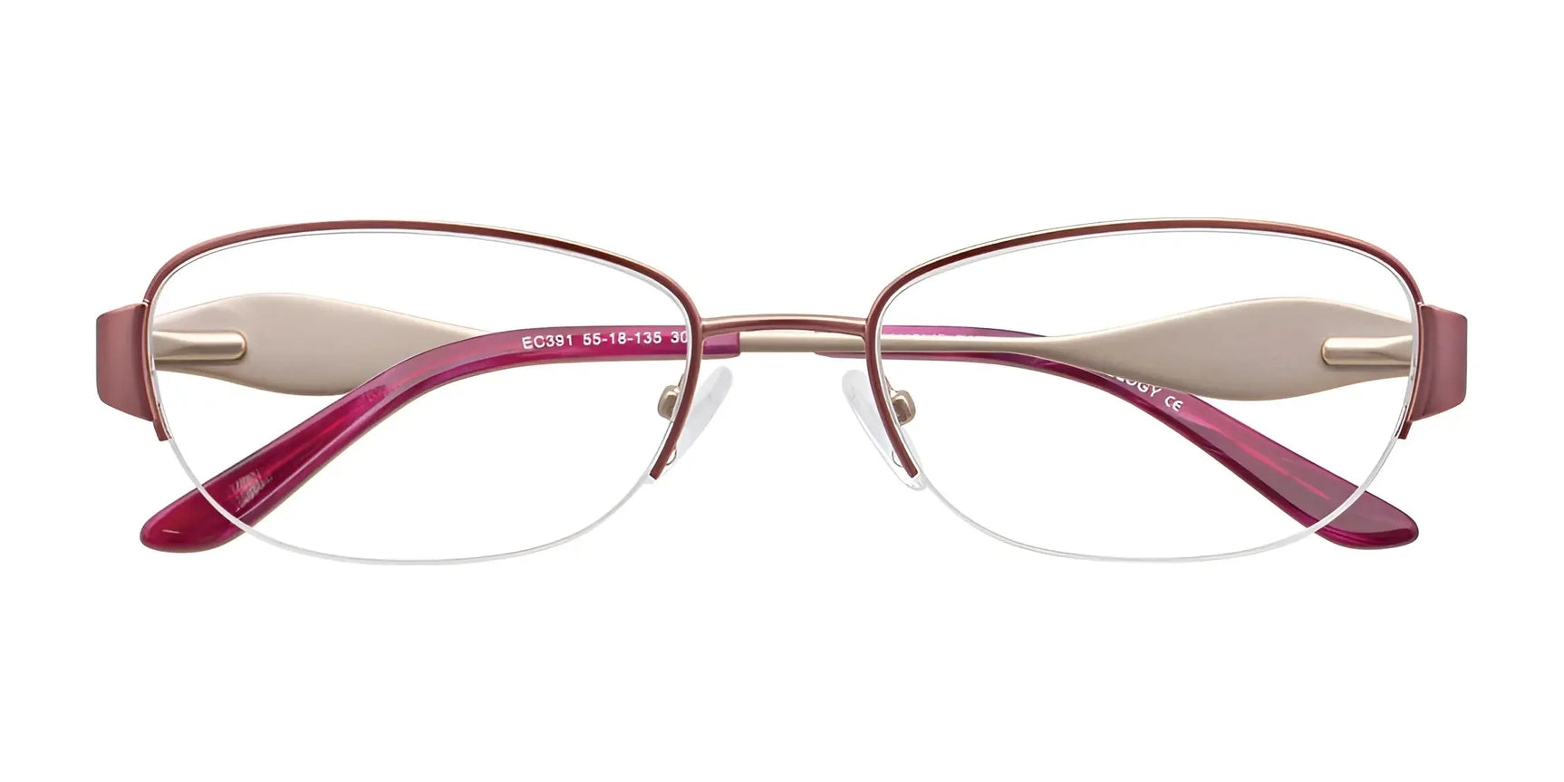 EasyClip EC391 Eyeglasses with beige arms in brown and pink semi-rimless style, shown front view on a white background. Includes detachable clip-on sunglasses for added convenience. Brand: EasyClip, Size: 55. EasyClip EC391 Eyeglasses with beige arms in brown and pink semi-rimless style, shown front view on a white background. Includes detachable clip-on sunglasses for added convenience. Brand: EasyClip, Size: 55.