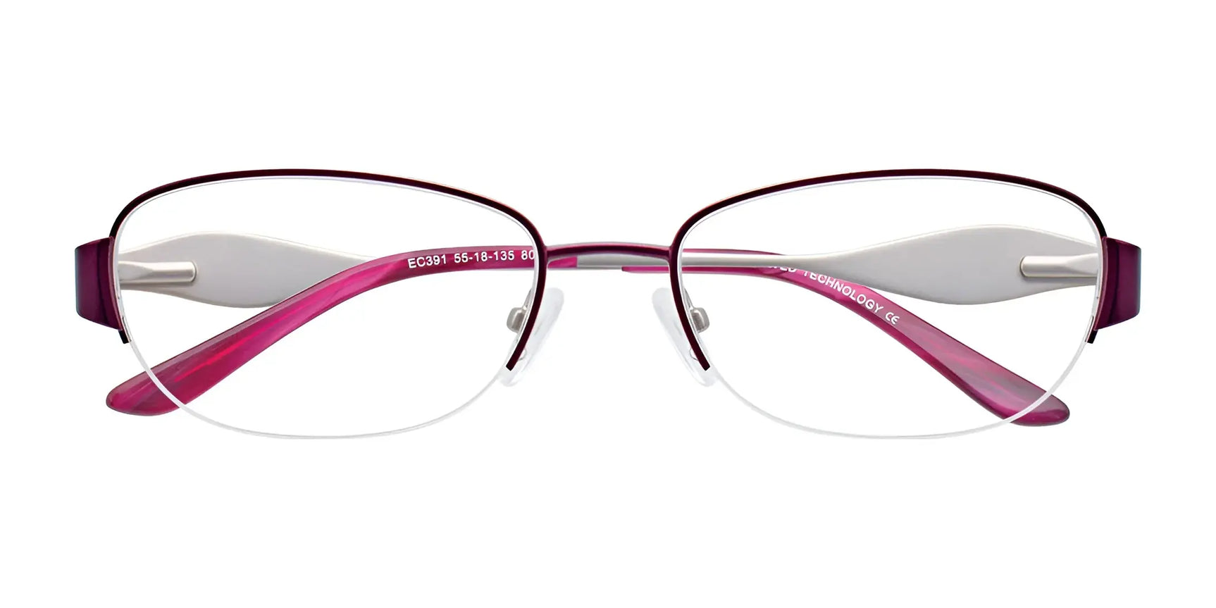 EasyClip EC391 Eyeglasses by EasyClip in purple and silver, semi-rimless rectangular frames, shown front view. Includes clip-on sunglasses for easy polarized sun protection. Size 55. EasyClip EC391 Eyeglasses by EasyClip in purple and silver, semi-rimless rectangular frames, shown front view. Includes clip-on sunglasses for easy polarized sun protection. Size 55.