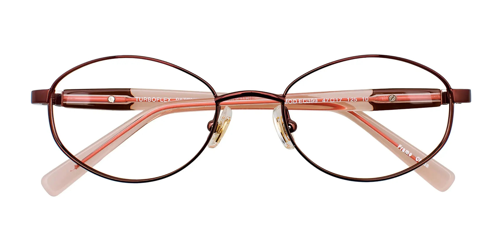 EasyClip EC399 Eyeglasses | Size 47 feature an oval shape, thin brown frames, and light pink arms, shown from the front. EasyClip EC399 Eyeglasses | Size 47 feature an oval shape, thin brown frames, and light pink arms, shown from the front.