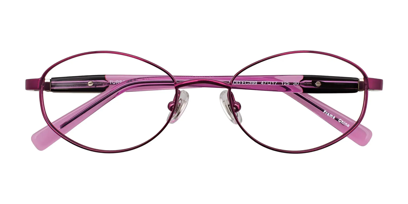 The EasyClip EC399 Eyeglasses | Size 47 feature a bold purple oval metal frame with clear nose pads, shown front view on a white background, offering a stylish and modern look from the EasyClip brand. The EasyClip EC399 Eyeglasses | Size 47 feature a bold purple oval metal frame with clear nose pads, shown front view on a white background, offering a stylish and modern look from the EasyClip brand.