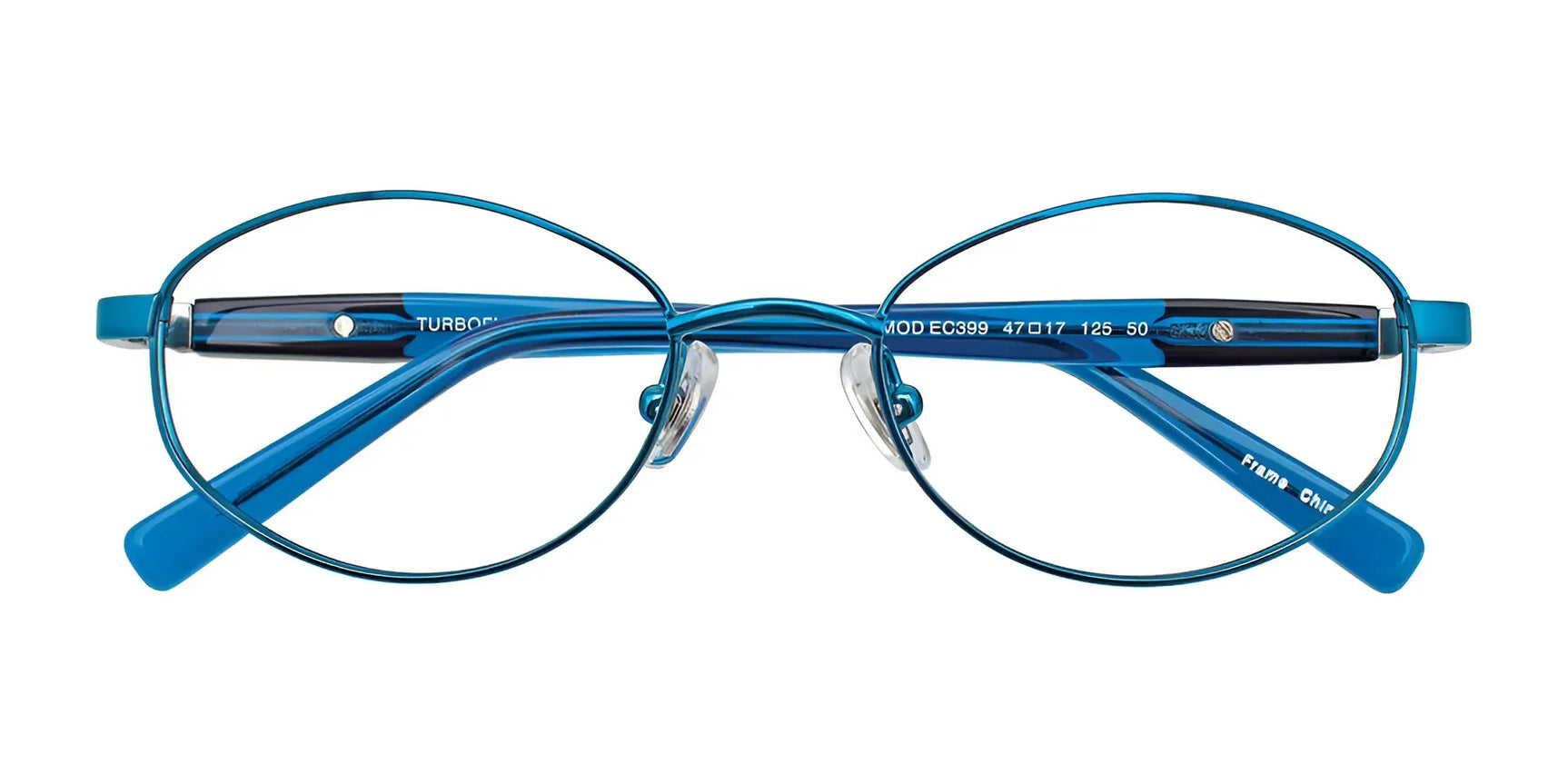 The EasyClip EC399 Eyeglasses | Size 47 by EasyClip feature blue oval metal frames, clear nose pads, and detailed temples—ideal for anyone seeking a subtle, refined eyewear style. The EasyClip EC399 Eyeglasses | Size 47 by EasyClip feature blue oval metal frames, clear nose pads, and detailed temples—ideal for anyone seeking a subtle, refined eyewear style.