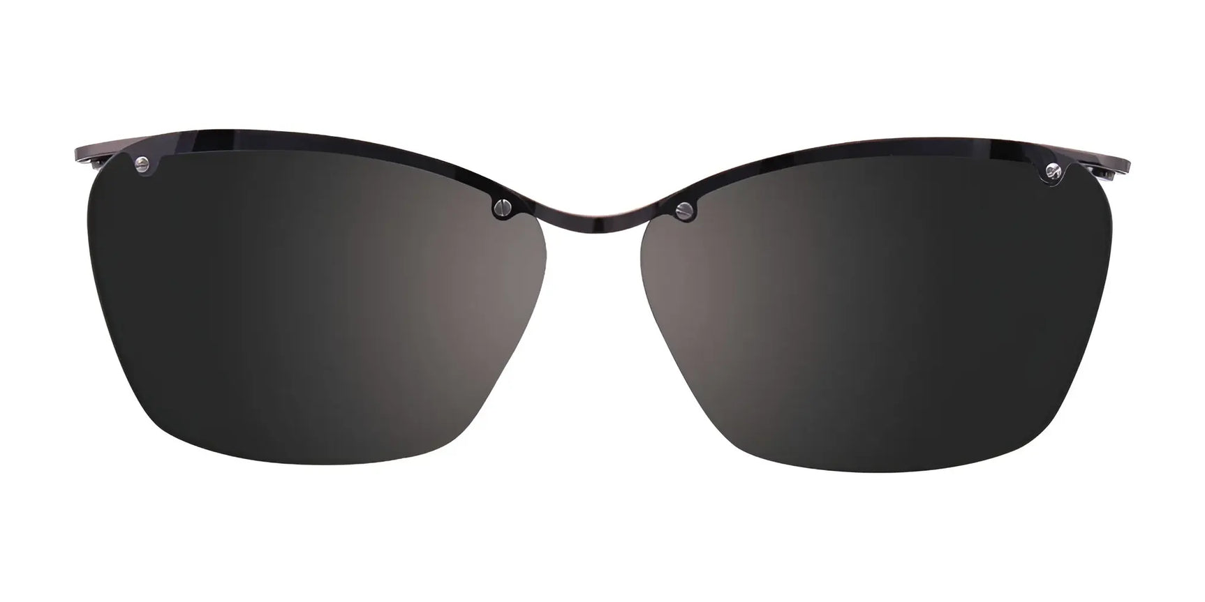 Front view of EasyClip EC403 rimless black eyeglasses, size 52, with dark clip-on polarized sunglasses by EasyClip on a white background for added convenience. Front view of EasyClip EC403 rimless black eyeglasses, size 52, with dark clip-on polarized sunglasses by EasyClip on a white background for added convenience.